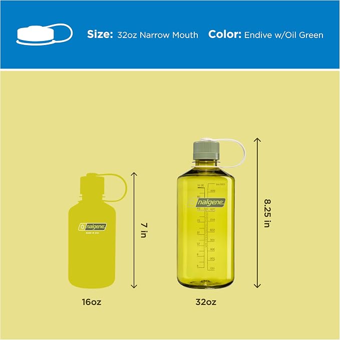 Nalgene 32 oz Narrow Mouth Water Bottle, Thrill & Motion, Endive w/Oil Green