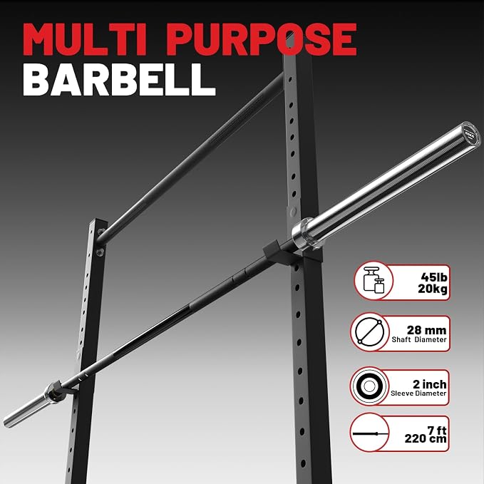PAPABABE 7ft Barbell 45lb Olympic Barbell 1000/1500lbs Capacity Home Gym | 7ft 45lb 2" Olympic Barbell, 1000/1500lbs Capacity, Hybrid Needle Bearings & Bushings for Squat Curl Deadlift