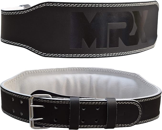 MRX Weight Lifting Belt Genuine Leather - 4 Inches Wide 8mm Thick Padded Lumbar Back Support Double Prong Powerlifting Belts Heavy Duty Deadlifts Workout Squats & Exercise Belt for Men & Women