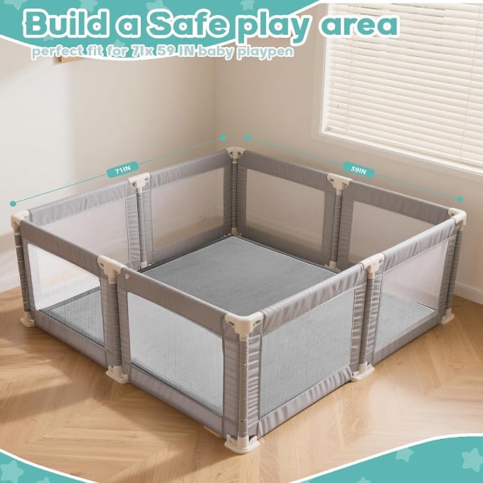 Baby Play Mat for Floor, 71'' x 59'' Thicken Foam Soft Padded Playmat for Tummy Time, Playpen Mat for Toddlers Infant Kids, Water-Repellent Coral Velvet, Non-Slip Bottom Safe for Crawling (Dark Grey)