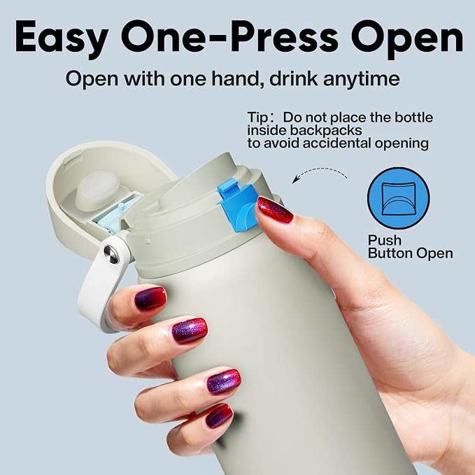 Insulated Water Bottle with Straw - Encool Stainless Steel Water Bottle with Push Button Lid, Leak-Proof & BPA-Free, Keeps Cold for 24 Hours for Sports, Travel, Gym (32 oz, Kangaroo Grey)