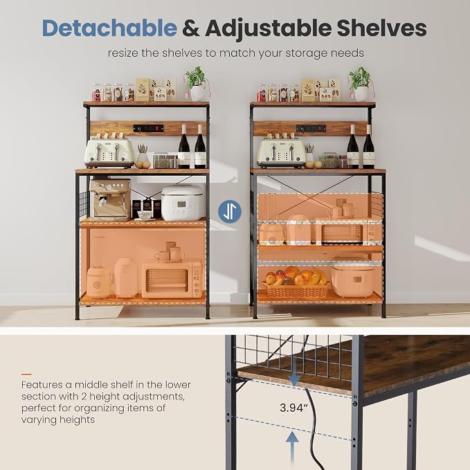 DUMOS 23.6" Bakers Rack with Power Outlet for Kitchen Organization | Microwave Stand with 3 AC Outlets, On/Off Switch and 6.5ft Power Cord, 3 Open Tiers and Adjustable Middle Shelf, Brown