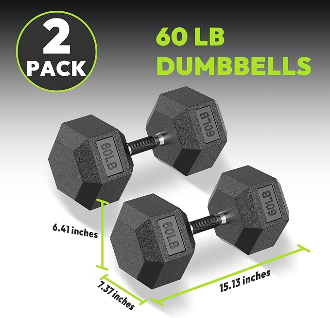 HANDBODE Rubber Encased Hex Dumbbell Pair, 2.5-65 lb | Non-Slip Handle Design for Secure & Comfortable Grip, Hand Weights for Strength Training, Fitness & Home Gym