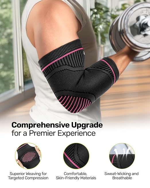 Rakiie Elbow Compression Sleeve 2 Pack, High Elastic Elbow Brace for Tendonitis and Tennis Elbow for Women & Men, Elbow Sleeve for Tennis, Golfer, Badminton, Weightlifting, Pink XL