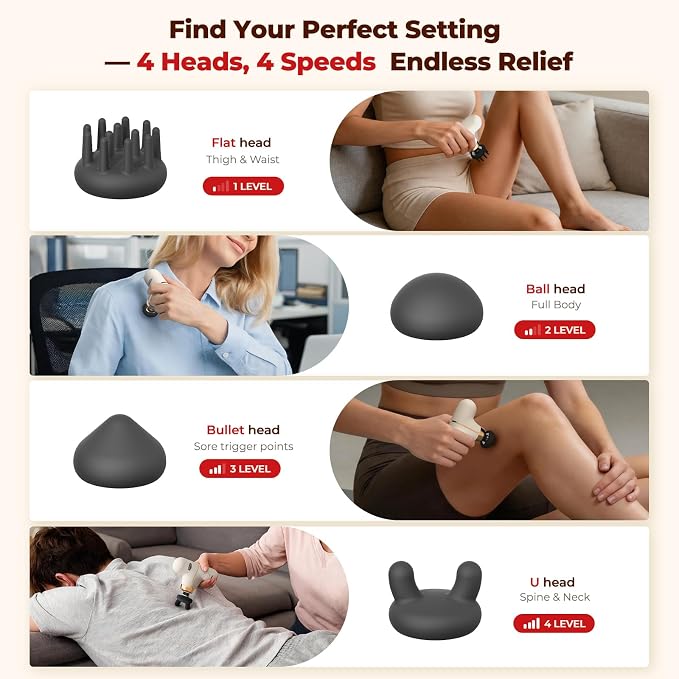 Super Mini Massage Gun with Heat & Red Light, 0.48 lb Travel Massage Gun | Palm-Sized Deep Tissues Percussion Muscle Massager 4 Heads 4 Speeds Compact Ultra-Quiet Type-C Charging for Home Office White