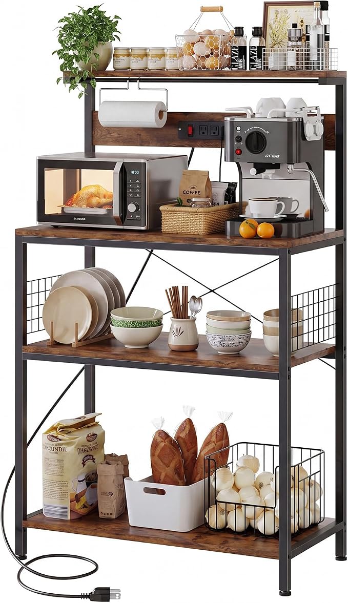 DUMOS 31.5" Bakers Rack with Power Outlet for Kitchen Organization | Microwave Stand with 3 AC Outlets, On/Off Switch and 6.5ft Power Cord, 3 Open Tiers and Adjustable Middle Shelf, Brown