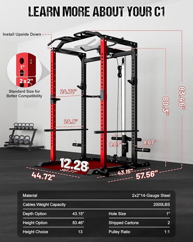C1-V4 Power Cage, 2000LBS Squat Rack with LAT Pulldown, Multi-Function Weight Cage Strength Training Machine, Workout Cage with More Attachments for Home Gym Garage