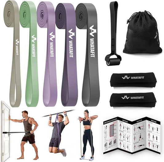 WHATAFIT Resistance Bands, Pull Up Assist Bands with Handles, Door Anchor | Natural Latex Rubber, Progressive Tension, Exercise Loop for Full-Body Fitness, Portable Gym Bag, Warm-Up & Stretch