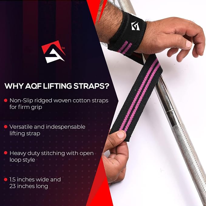 AQF Weight Lifting Straps, Padded Cotton Gym Wrist Straps for Deadlifts | 23" Extra-Long, Heavy-Duty Webbing, 5mm Neoprene Cushioning, Open-Loop Design, Sold as Pair, Ideal for Rows & Pull Workout