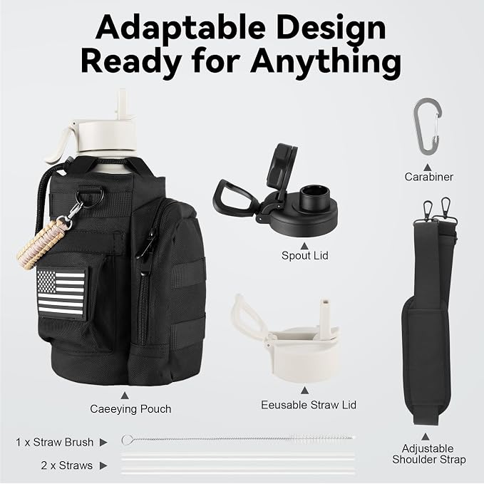 KXIAOCHEN Insulated Water Bottle with Strap, 48-Hour Cold, 2 Lids | Triple-wall insulation, lead-free 18/8 Stainless steel, paracord handle, carabiner clip, for gym, hiking, camping and travel