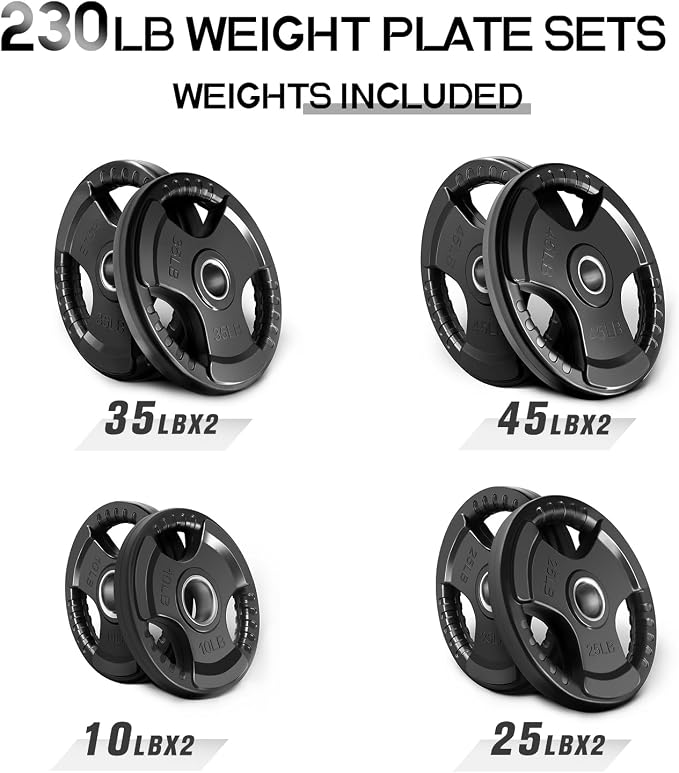 RitFit Olympic Rubber Grip Weight Plates, 2-Inch Barbell Set | Solid Iron Core, Rubber Coated, 2-Inch Olympic Bar Compatible, 3-Hole Grip, 2.5LB to 45LB Weight Options