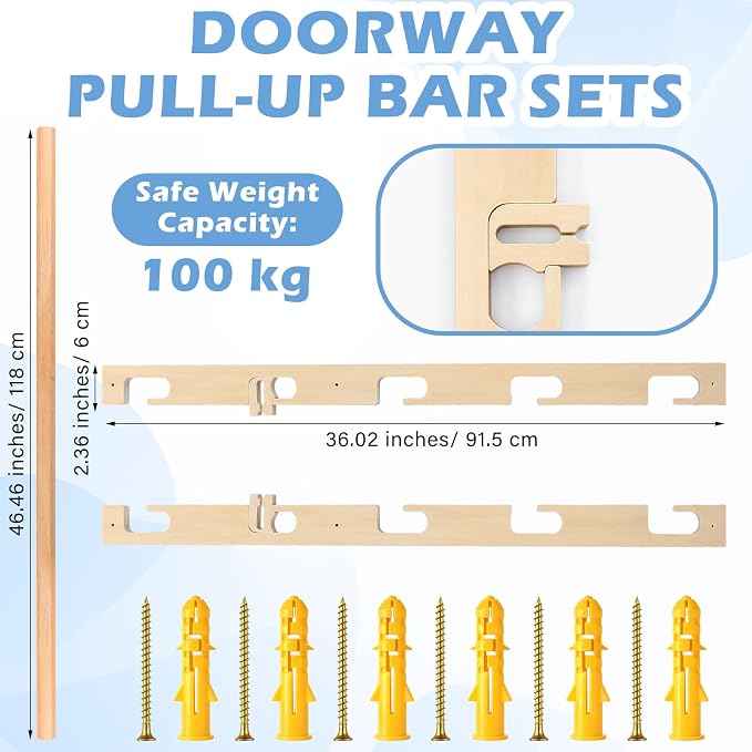 Leinuosen Doorway Pull-up Bar Sets Adjustable 5 Levels Wooden Doorway Pull-up Bar and 2 Door Frame with 6 Sets of Screw-in Heavy-duty Door-mounts to Fits 118cm