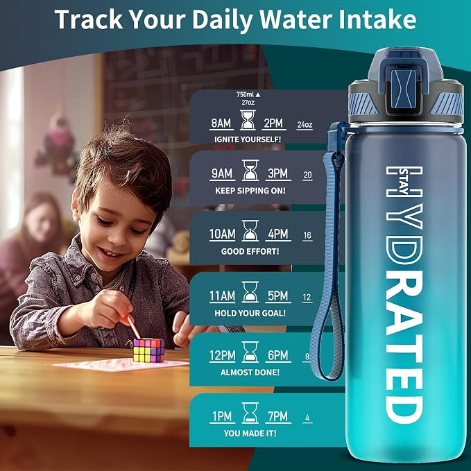 QLUR Water Bottle with Straw, 27oz Motivational Water Bottles with Time Marker to Drink, Tritan BPA Free, 750ml Sports Water Bottle with Carry Strap LeakProof for School Fitness Outdoor (1Pack)