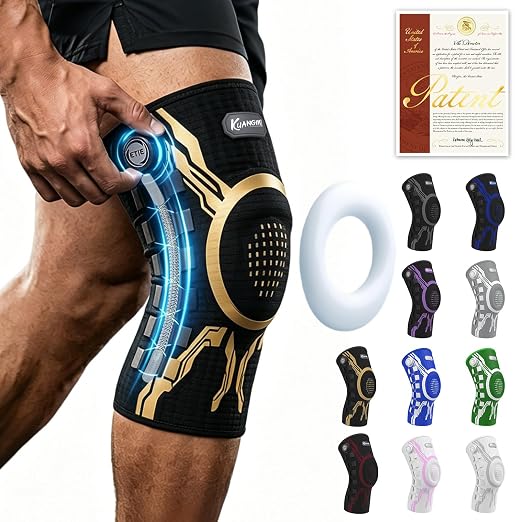 Kuangmi Knob Knee Brace for Pain Relief, Knee Support with Patella Gel Pad & Side Stabilizers, Compression Knee Sleeve for Workout, Arthritis, Joint Pain, Meniscus Tear (Gold Black,Right,Medium,Single)
