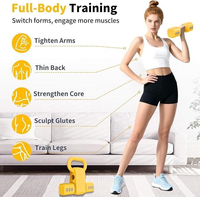 Hezeyferg Adjustable Dumbbell Set, 2-in-1 Hand Weights with Kettlebell Form | 4-Level 2.2-5.5lb Each, Dual-Button Locking, for Women Men Beginners Home Gym, Portable & Space-Efficient, Full Body Workout