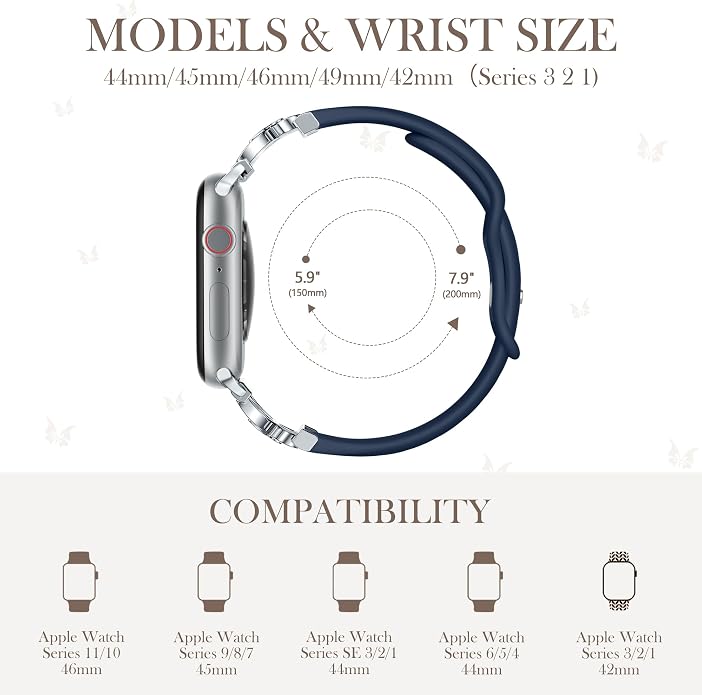 Lerobo Slim Silicone Band Compatible with Apple Watch Bands for Women | Dressy Metal Butterfly 16mm Thin Strap for iWatch Series 11 10 9 8 7 6 5 4 SE Ultra 38mm 40mm 41mm 42mm 44mm 45mm 46mm 49mm