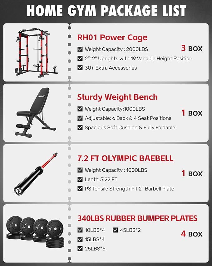 RH01 Power Cage Rack, 2000LBS Squat Rack with with Cable Crossover System&LAT Pull Down System, Multi-Function Workout Cage for Home&Garage Gym