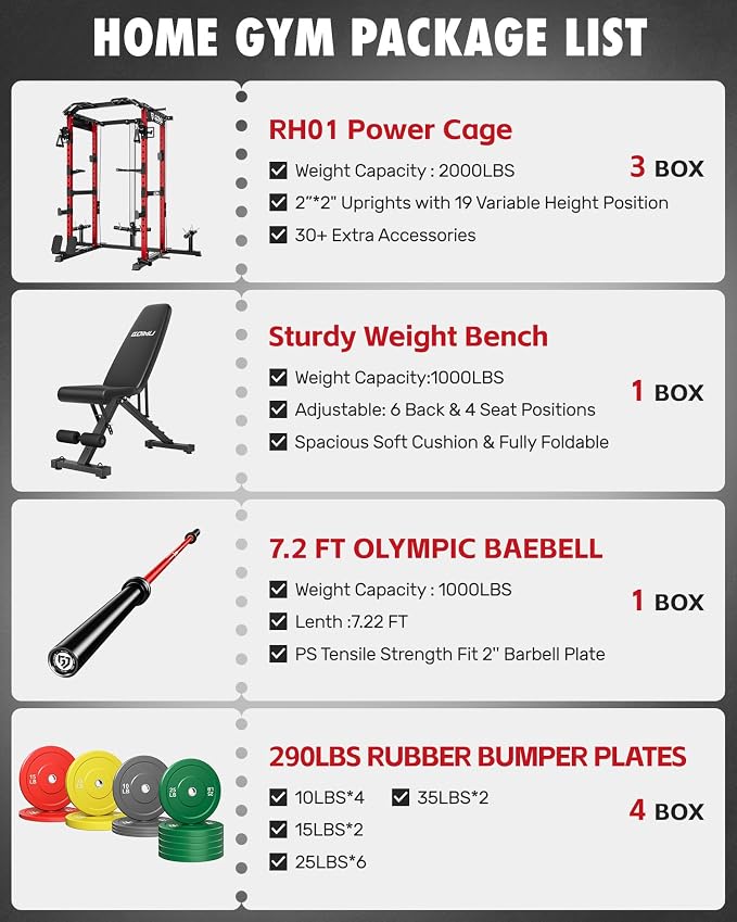 RH01 Power Cage Rack, 2000LBS Squat Rack with with Cable Crossover System&LAT Pull Down System, Multi-Function Workout Cage for Home&Garage Gym