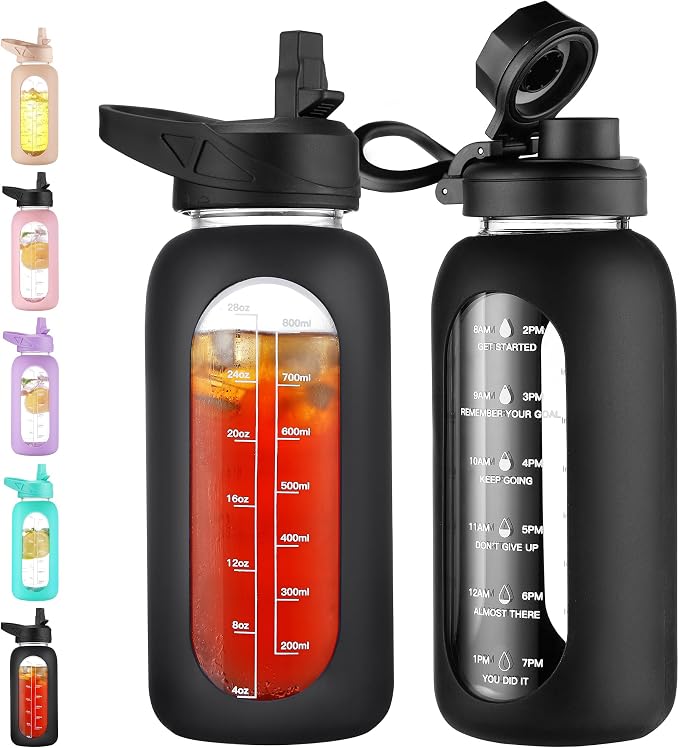 CIVAGO 32 oz Glass Water Bottle with Straw, Large Motivational Water Jug | Time Marker, 2 Leakproof Lids, Wide Mouth, Water Flask Cup with Handle and Silicone Sleeve, for Gym, Sports, Juices, Black
