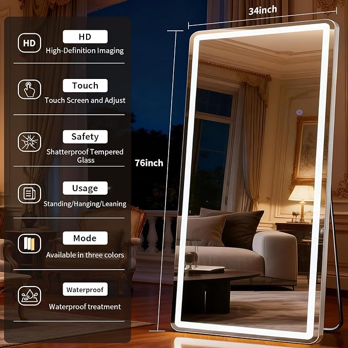 Large Led Mirror Full Length 34 x 76 Inch Tempered Glass | Full Body Mirrors with Dimming & 3 Color Lighting Standing Leaning or Hanging led Mirrors for Bedroom Dressing Room Rect