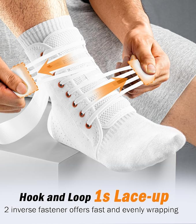 Slim-Fit Ankle Brace for Sprained Ankle, Quick Lace Up Ankle Support for Women Men with 2 Auto-Shaped Pads, Air Fabric Cool Ankle Stabilizer for Injury Recover, Running,Sports,White,M