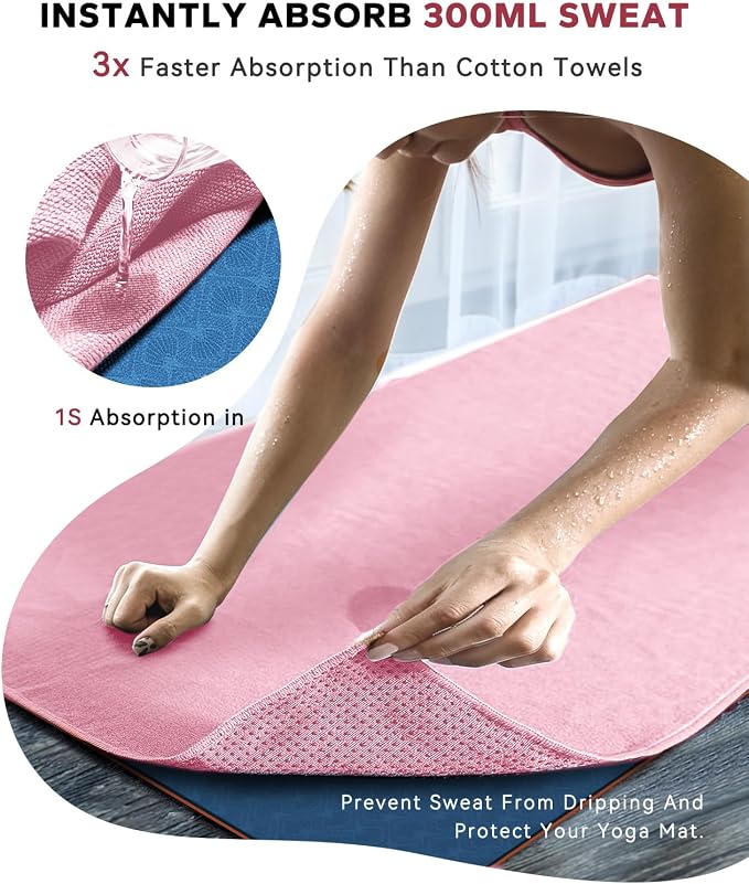 HAPBEAR 2 Pack Non Slip Yoga Mat Towel with Grip Dots, 72" x 24" Hot Yoga Towel - Super Absorbent Microfiber Yoga Towel for Hot Yoga, Bikram, Pilates and Gym Workout - Pink