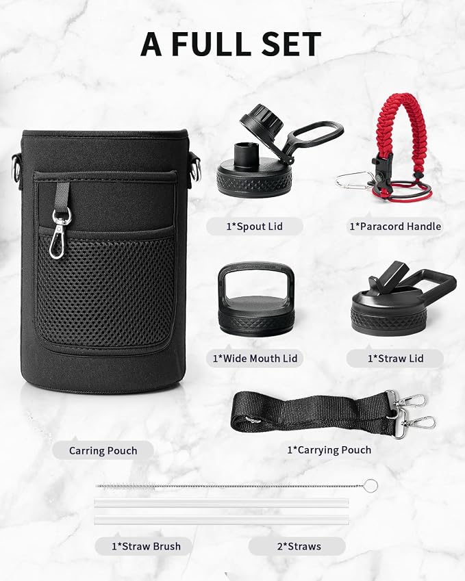 Trebo 64 oz Water Bottle Stainless Steel with 3 Lids, Paracord Handle & Bag | Half Gallon Large Insulated Jug, Triple Wall Vacuum Copper Plated, Dishwasher Safe, Cold 48Hrs for Outdoor, Hiking, Gym