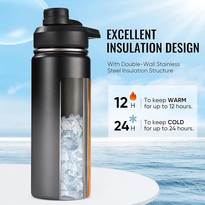 Fijinhom Insulated Water Bottle with Handle, 304 Stainless Steel Water Bottles with Wide Mouth, Double Wall Vacuum Sports Water Bottle, BPA Free, Keep Cold and Hot, 18 Ounces, Black/Gray