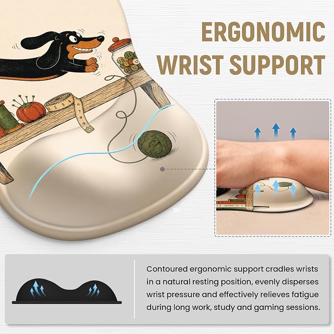Ergonomic Mouse Pad with Wrist Rest, Gel Wrist Support, Dachshund | 10.2 x 7.6 in Mouse Pad with Smooth Fabric Surface and Non-Slip Rubber Base for Office, Home, Study, and Gaming