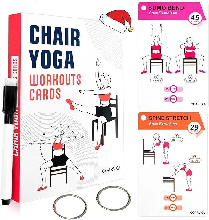 Chair Yoga Workouts for Women-58 Exercise Cards with Chair Yoga，ncludes 4-Week Challenge,2 Rings& Dry-Erase for Easy Organization-Home, Gym or Studio