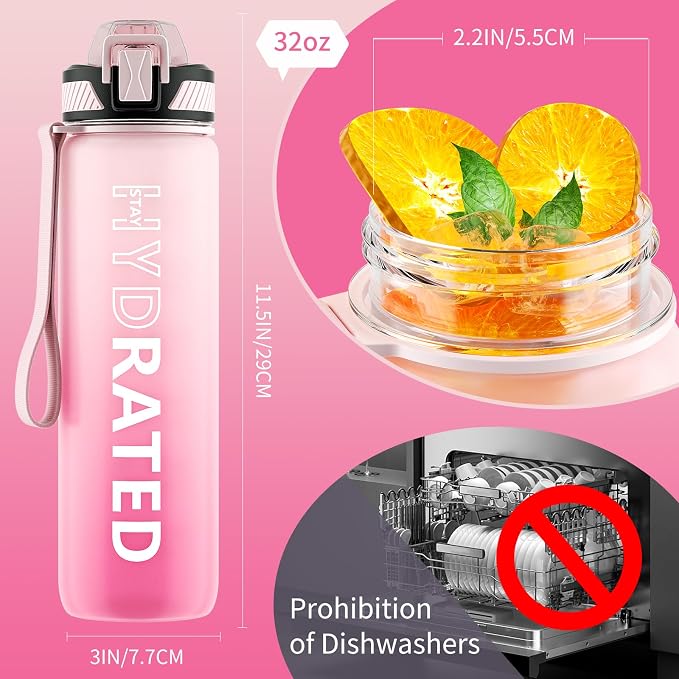 QLUR Water Bottle with Straw, 32oz Motivational Water Bottles with Time Marker to Drink, Tritan BPA Free, 1L Sports Water Bottle with Carry Strap LeakProof for Women Gym Fitness Outdoor (1 Pack)