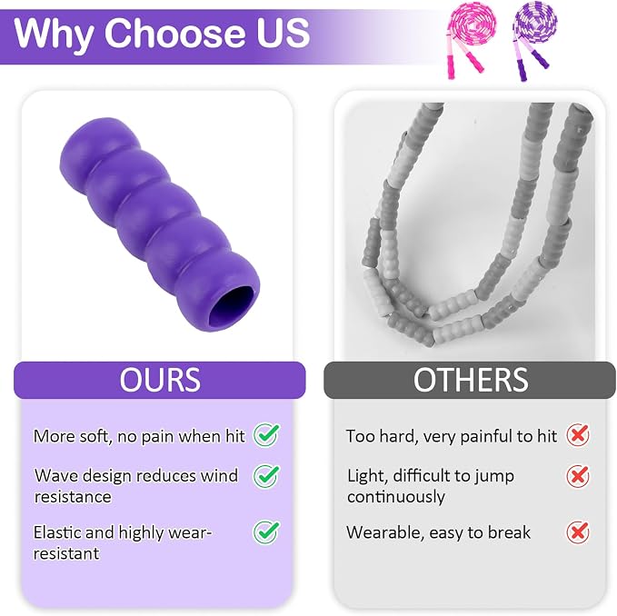 Jump Rope for Kids, Adjustable Jump Ropes for 4 5 6 7 8 10 12, Tangle Free | Jumping Rope Age 8-12, Segmented Soft Beaded Skipping Rope for Women Fitness