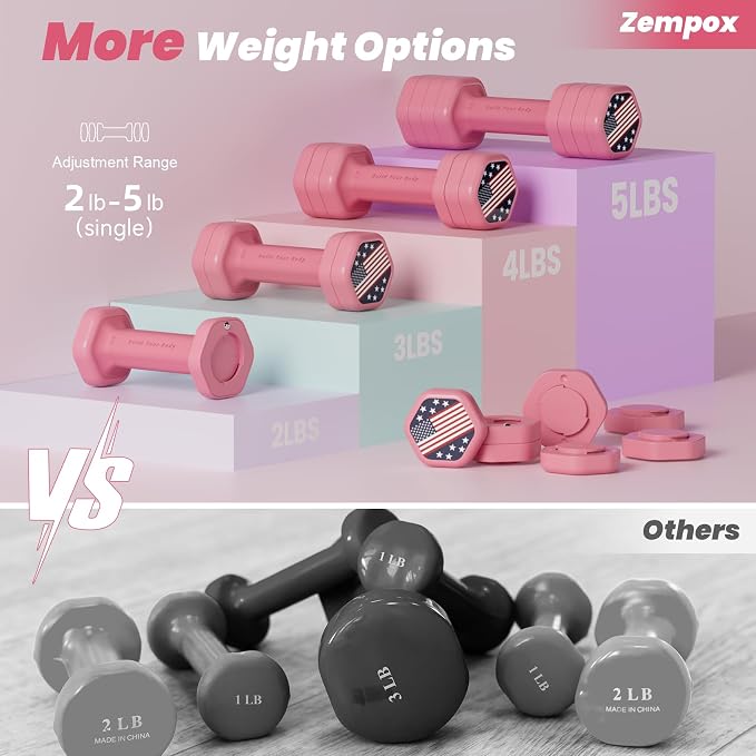 Zempox Hand Weights for Women at Home 2-5 lb Light Adjustable Dumbbells Set | Adjustable 2-5 lb(A Pair 4lb 6lb 8lb 10lb), 4-in-1 Design, TPU Soft Grip, Quick Weight Change, Compact for Home, Gym, Office