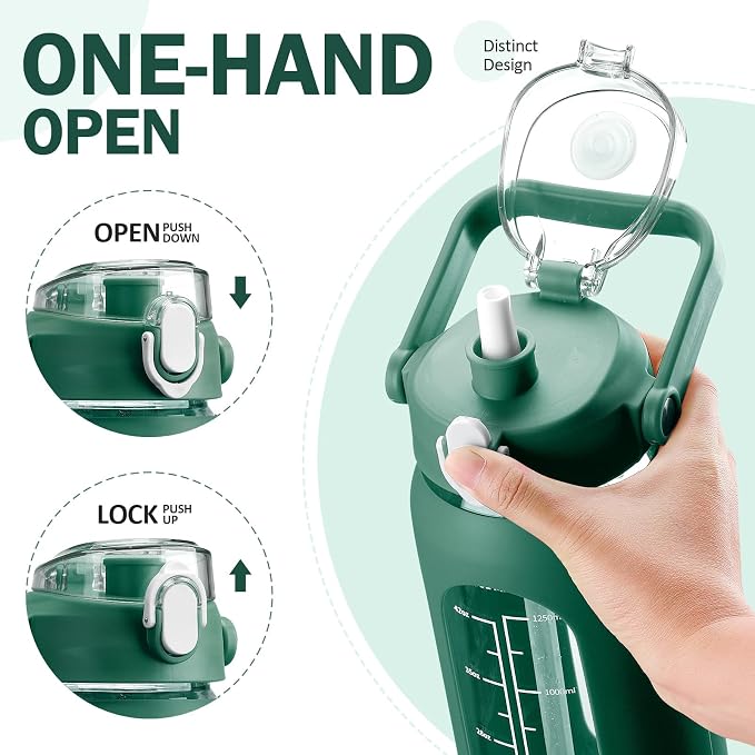 56oz Glass Water Bottles with Straw, Motivational Glass Bottle with Silicone Sleeve and Time Marker, Leakproof Large Glass Water Jug for Gym Home Office,Ink green