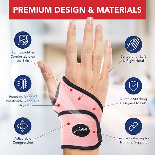 Doctor Developed Wrist Brace - Wrist wrap for Carpal Tunnel Arthritis,Tendonitis, Hand Support - Ideal for Fitness, Weightlifting - Handbook included (Pink (1 Pack)