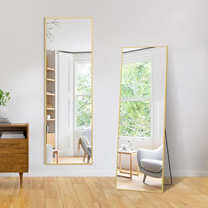 MirrMuse 56"x18" Full Length Mirror, Gold Floor Mirror with Stand | Rectangular, Slim Aluminum Frame, Tempered Glass, for Living Room Bedroom Cloakroom Dorm, Hanging or Leaning Against Wall
