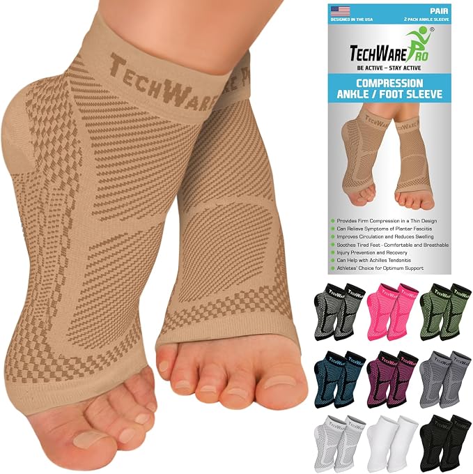 TechWare Pro Ankle Brace Compression Sleeve - Plantar Fasciitis Sock. Relieves Achilles Tendonitis. Foot Arch Support Reduces Joint Pain, Swelling & Heel Spur Pain. Injury Recovery Braces for Sports