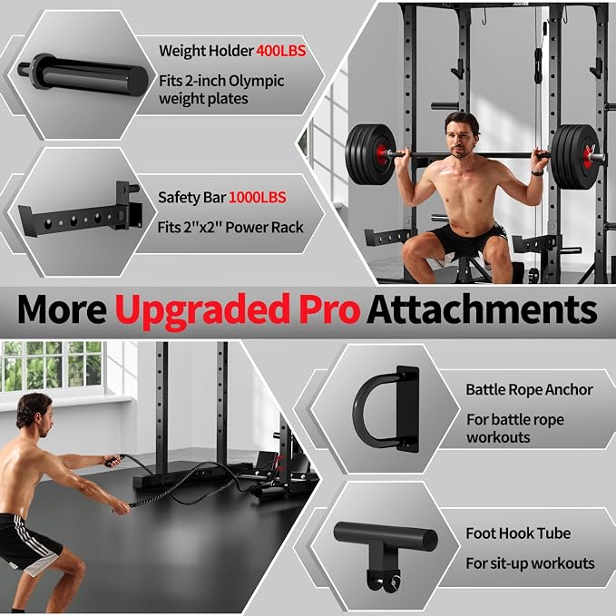 JEEKEE Power Rack with LAT Pulldown, 2000LBS Power Cage with Cable System, Multi-Function Squat Rack with J-Hooks, Safety Bars, Landmine, Pull Up Bar & Attachments for Home Gym Strength Training,Black