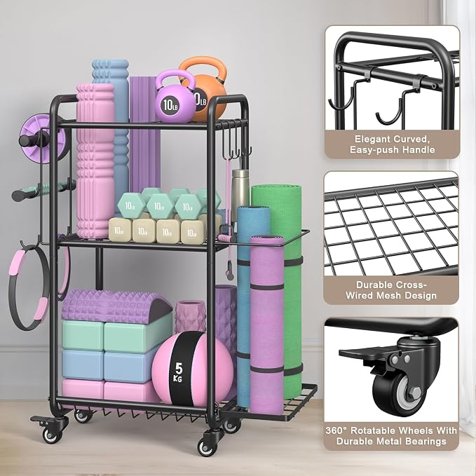 Multi-Functional Home Gym Storage Rack with Wheels and Hooks | Gym Equipment Storage for Dumbbells Kettlebells Yoga Mat, All-in-One, Space Saving, Easy to Assemble
