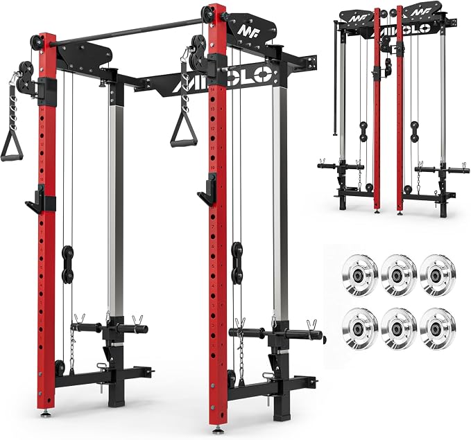 Mikolo Folding Squat Rack, Wall Mounted Power Rack with Cable Crossover Machine & LAT Pull Down, Functional Trainer with 5 Adjustable Function Modes, Home Gym Package