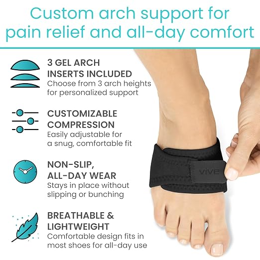 Vive Foot Arch Support Brace (Pair) - Wrap Corrector for Flat Feet, Plantar | Fasciitis, Pain Relief, Fallen Arches - Compression Sleeve Strap, Gel Bands Inserts for Women & Men - Wear Under Socks
