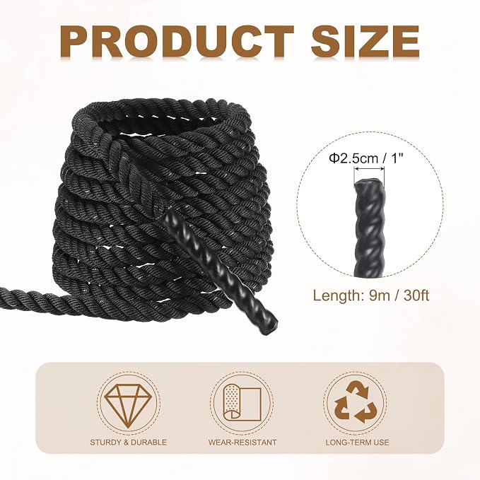 MECCANIXITY Battle Rope 10ft x 1 Inch Polyester Workout Rope Heavy Fitness Exercise Rope for Strength Training Home Gym Muscle Building, Black
