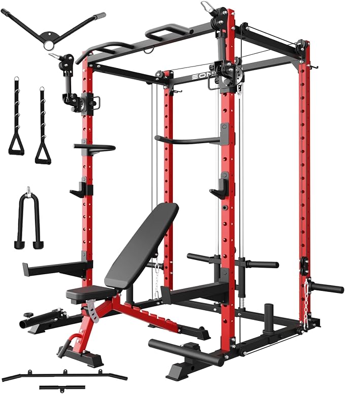 Eonfit E2 Power Rack, Squat Rack with Cable Crossover for Home Gym | Power cage with Pivot Arms Functional Trainer Pulley System Lat Pull Down For Garage Gym Strength Training