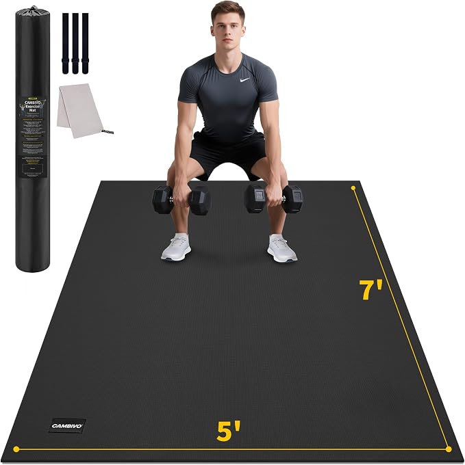 CAMBIVO 8'x6'/7'x5'/6'x4' Large Exercise Mat Workout Mat for Home Gym, 7mm | High-density PVC, cushioned surface, non-slip bottom, for jump rope and weights, floor protection, easy to store