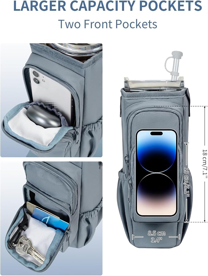 sportsnew 30/40oz Crossbody Water Bottle Holder Anti-Tip Tumbler Carrier | Lightweight Bottle Sling Fits Handled Tumbler w/ Phone Pocket, Adjustable Strap, Insulated Lining, Hands-free for Hiking Gym
