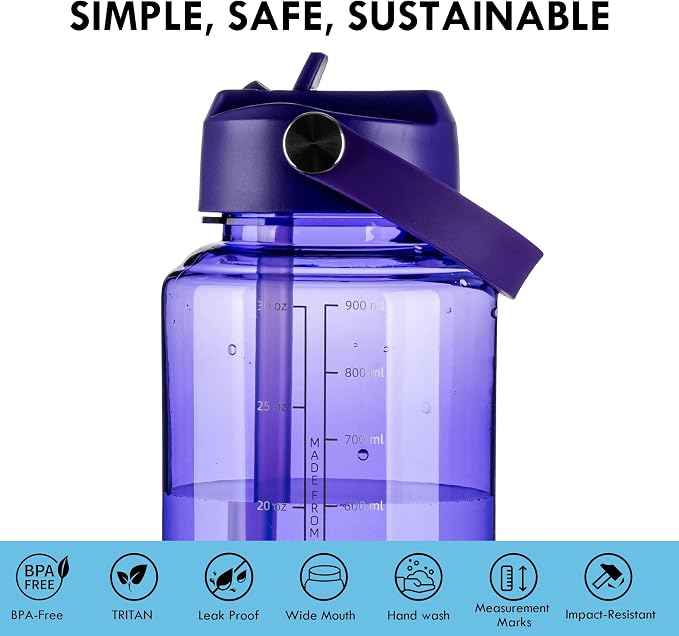 OLDLEY 32oz Water Bottle with Straw,Leakproof Tritan Clear Bottle with Marked Bottle and Carry Handle, BPA-Free Wide Mouth Reusable Sports Water Bottle for Gym,Hiking, Camping, Travel, Workout,Purple