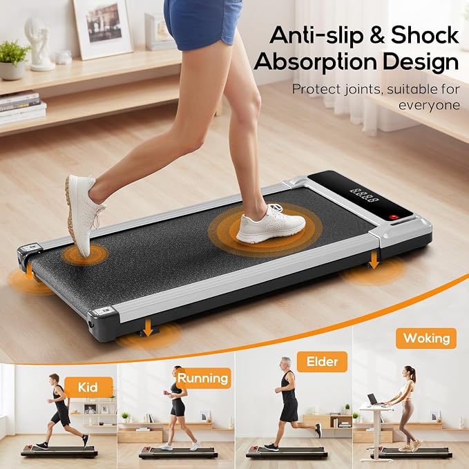 Walking Pad Under Desk Treadmill, Portable Compact Electric Walking Treadmill, Quiet Fitness Machine with Remote Control & LED Display for Home Office