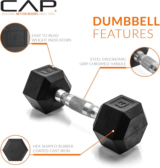 CAP Rubber Coated Dumbbell Weights, Free Weights for Home Gym Strength Training, Anti-Roll Hex Dumbbells with Black, Chrome & Comfort Grip Handles, Pairs & Sets