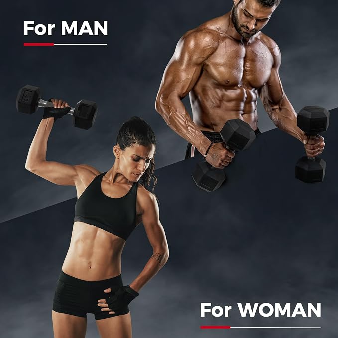 RitFit Rubber Coated Hex Dumbbell Weights Set for Home Gym | Cast Iron Core, Anti-Slip Knurled Chrome Handle, Hexagon Anti-Roll, Heavy-Duty Dumbbell Set for Strength Training