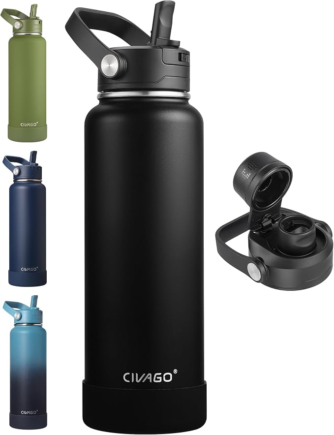CIVAGO 40 oz Insulated Stainless Steel Water Bottle with Removable Straw | Large Leakproof Metal Water Jug, Sports Thermal Flask Cup with Bucket Handle, Silicone Boot, Dishwasher Safe, BPA-Free, Black
